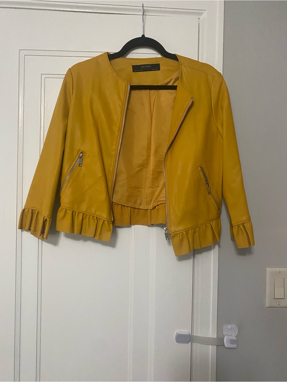 Zara Yellow Ruffle-Hem Leather Jacket